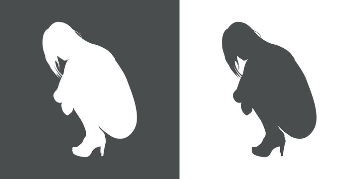 Icono plano silueta chica desnuda agachada perfil en gris y blanco