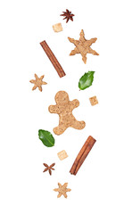 Christmas gingerbread cookies and spices isolated