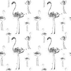 Hand Drawn Illustration With Flamingo. Exotic Summer Beach Motif. Swimwear Design, Wrapping, Background, Wallpaper, Fabric. Hawaiian Print. Jungle Birds Repeated Ornament. Aloha. Boho. Africa.