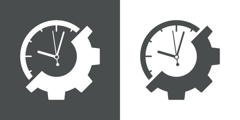 Icono plano reloj y engranaje en gris y blanco