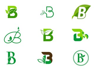 leaf initials B logo set, natural green leaf symbol, initials B icon design