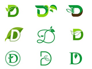 leaf initials D logo set, natural green leaf symbol, initials D icon design
