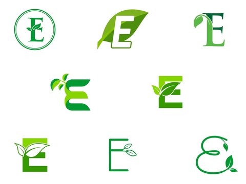 leaf initials E logo set, natural green leaf symbol, initials E icon design