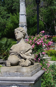 MASSANDRA, CRIMEA - June, 2018: Sculpture of a woman-sphinx with a ball at the Southern facade of Massandra Palace