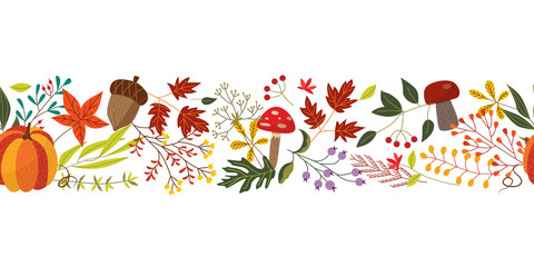 Autumn horizontal banner with fall colorful plants and leaves isolated on white background - natural seasonal decorative element. Flat vector illustration of botanical objects.