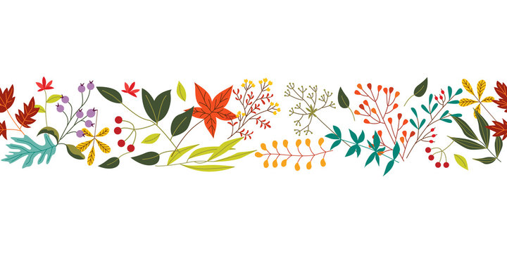 Autumn horizontal banner with fall colorful leaves and berries isolated on white background. Flat vector illustration of plant objects - natural seasonal decorative element.