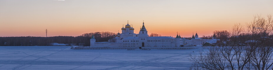 Russian Orthodox monastery in winter sunset