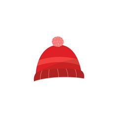Red knitted hat with pompom - autumn or winter seasonal accessory isolated on white background. Warm clothes element of headwear for design in flat style in vector illustration.