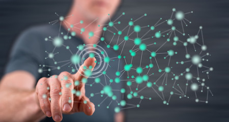 Man touching a virtual network