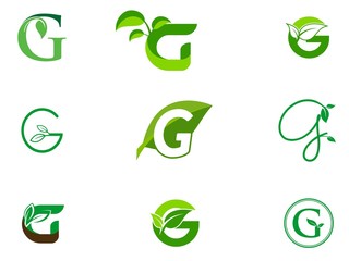 leaf initials G logo set, natural green leaf symbol, initials G icon design