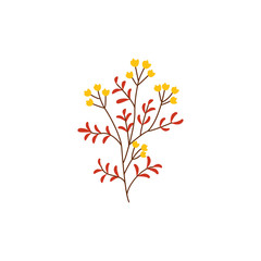 Autumn plant branch with ripe yellow berries and red leaves isolated on white background. Natural seasonal element for organic design in flat style - vector illustration of decorative object.