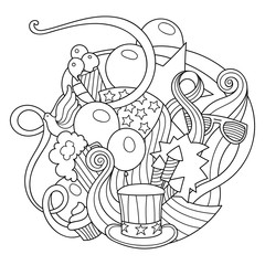 Vector doodles emblem for American Independence Day. Beautiful art with holiday items. Possibility to easily change colors.