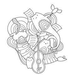 Vector doodle art with cute cats and musical instruments. Kawaii animals with guitar, trumpet and piano. Possibility to easily change colors for your design.