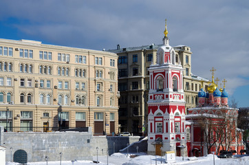 MOSCOW, RUSSIA -  FEBRUARY 2018: Bell tower and Church of St. George on Pskov hill in the landscape...