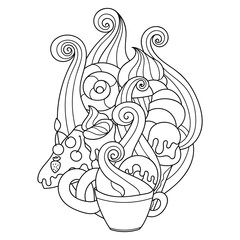 Doodles coffee cup with cakes, ice cream and sweets. Cartoon pattern with food for coloring book or design print. Possibility to easily change colors. Vector illustration.
