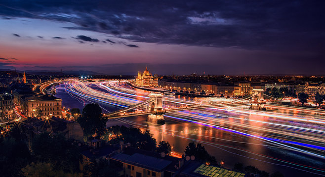 Budapest capital long exposure night cityscape with river Danube and bridges