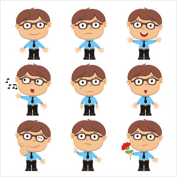 Collection of emoticons of funny boy with glasses in different poses isolated on white background.
