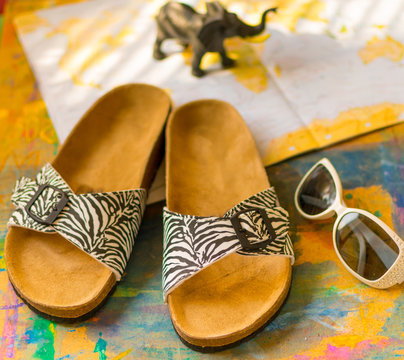 Female slappies coloring a zebra on a multi-colored abstract background. The concept of summer, recreation.