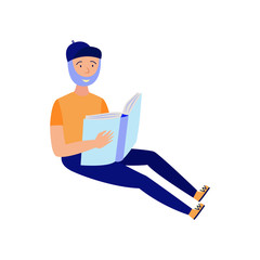 Young bearded man studying with reading book isolated on white background. Flat male character sitting with open book in hands for back to school and education concept in vector illustration.