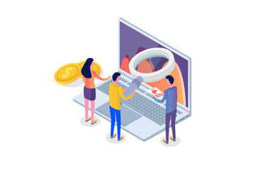 Data analysis, search engine optimization,  site position isometric concept. Vector illustration.