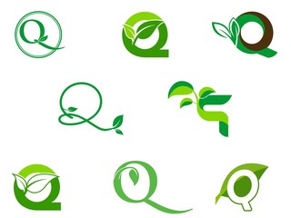 leaf initials Q logo set, natural green leaf symbol, initials Q icon design