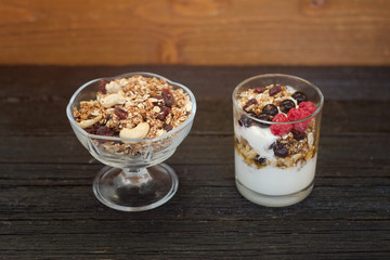 Bowl wiht granola and yogurt with granola and fruit. Healthy breakfast.