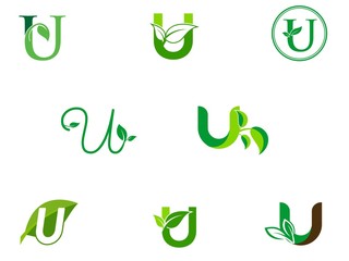 leaf initials U logo set, natural green leaf symbol, initials U icon design © MIRACEL