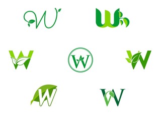 leaf initials W logo set, natural green leaf symbol, initials W icon design