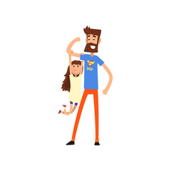 Strong super hero dad with daughter hanging on his hand vector Illustration on a white background