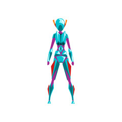 Blue female robot space suit, superhero, cyborg costume, back view vector Illustration on a white background