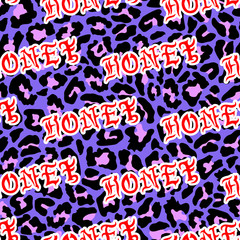 Seamless pattern with patches “Honey”. Neon purple and pink leopard background. 