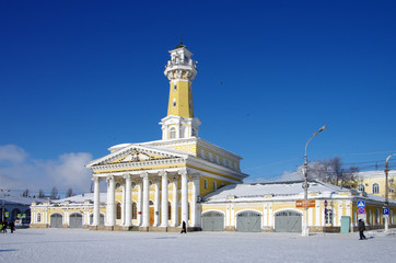 Fototapeta na wymiar KOSTROMA, RUSSIA - February, 2018: Old historical architecture - Fire tower in Kostroma city, Russian province