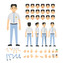 indonesian high school boy character set. Full length. Different view, emotion, gesture.
