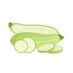 Cartoon zucchini . A composition of whole chopped and half vegetables. Vector illustration. Squash.