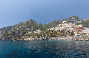 Positano seen from the sea on Amalfi Coast in the region Campania, Italy