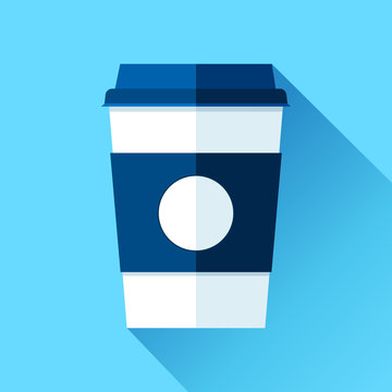 Coffee cup in flat style on blue background. Drink with you. Simple object. Vector design element for your business project