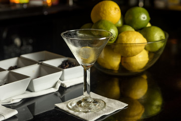 martini glass on a bar.