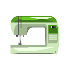 Green modern electronic sewing machine, dressmakers equipment vector Illustration on a white background