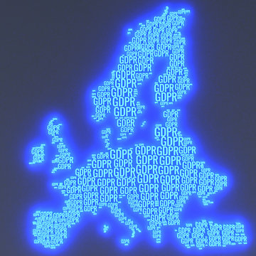 3D illustration of Europe's map made up of GDPR text