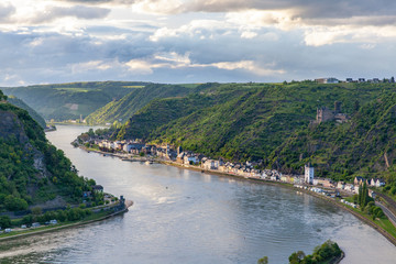 Fototapeta na wymiar Rhine valley Landscape and Sankt Goarshausen view from the Loreley rock