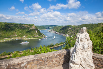 Loreley figure and  Rhine valley Landscape and Sankt Goarshausen view from the Lore Ley rock