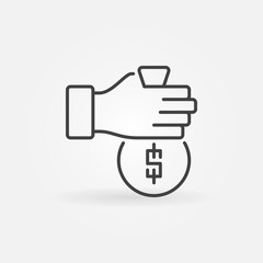 Hand with money bag vector outline icon or design element