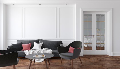 Classic white interior living room with black sofa and armchairs. Illustration mock up.