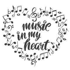 musical notes in the form of a heart icon, love music, calligraphy text hand drawn vector illustration sketch