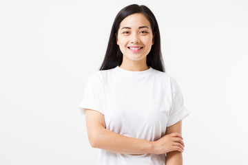 Fototapeta premium Young asian girl isolated on white background. Copy space. Mock up. Summer woman clothes blank template white t shirt.