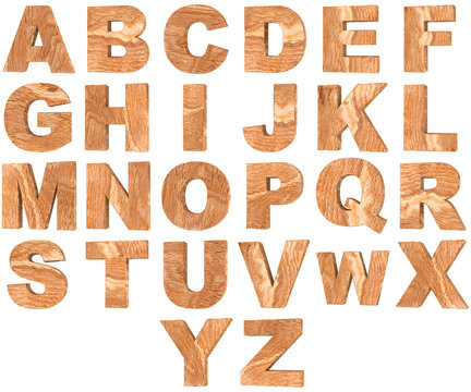 Set of 3D wooden English alphabet letters and Numbers from zero to nine isolated on white background