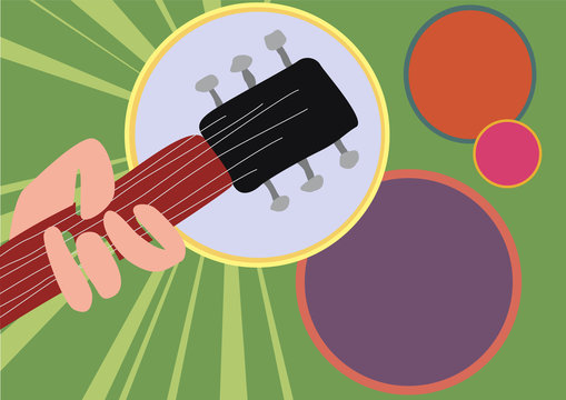 Music festival poster, with hand and guitar.  Retro vector background, copy space
