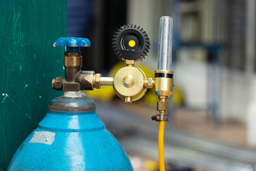 Oxygen Tank with an Argon Flowmeter for Stainless Steel Welding Work.