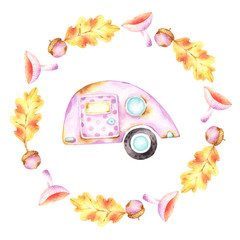 Card with a watercolor cartoon style tiny retro violet caravan with a polka dot door and surrounded by watercolor autumn wreath of acorns, oak leaves and mushrooms