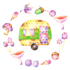 Card with a watercolor cartoon style tiny retro yellow, green and purple caravan with a polka dot door and surrounded by watercolor autumn wreath of acorns,  leaves and mushrooms